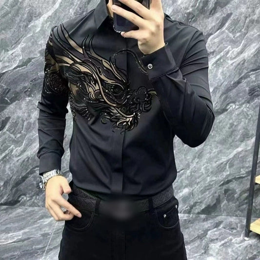 Luxury Dragon Embroidery Black Shirt