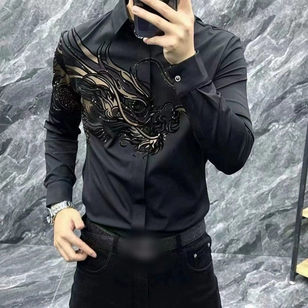 Luxury Dragon Embroidery Black Shirt